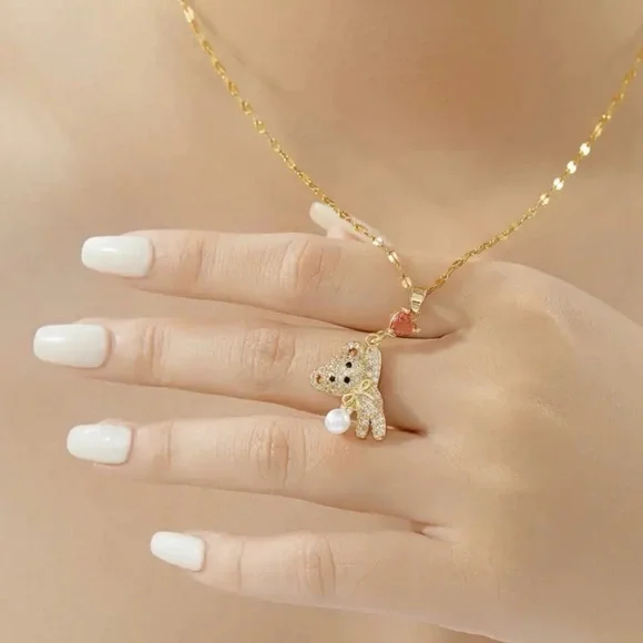 Gold Teddy Bear Pendant Necklace with Red Heart. - Picture 3 of 6